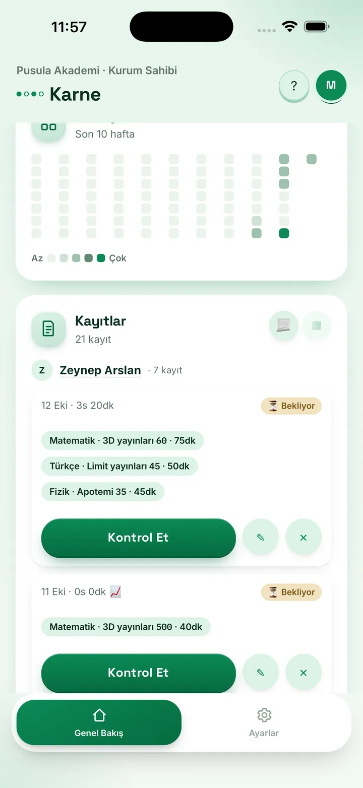 Kurum panelinde bekleyen kayıtlar